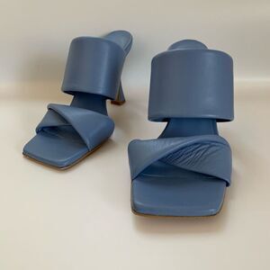 Kiro. Pamplona Leather Heeled Square Toe Sandal in Nappa Sky Blue Size 39